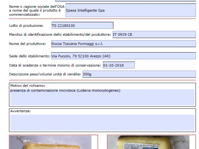 Listeria monocytogenes in Pecorino Toscano DOP Stagionato Pascoli Italiani
