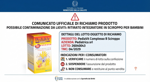 Sicurezza alimentare: richiamato lotto dello sciroppo per bambini "Pediavit Complesso B" per possibile contaminazione da lieviti