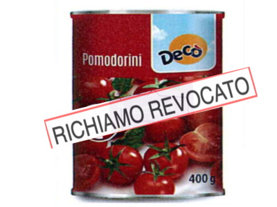 Revocato dal Ministero della salute il richiamo dei pomodorini in scatola a marchio Decò