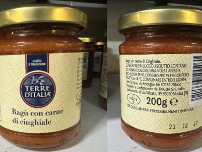 Frammento di vetro nel rag&ugrave; con carne di cinghiale a marchio Terre d&rsquo;Italia