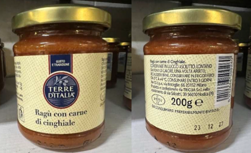 Frammento di vetro nel ragù con carne di cinghiale a marchio Terre d’Italia