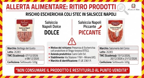 Allerta alimentare: ritirate salsicce Napoli dolci e piccanti per rischio escherichia coli stec