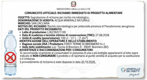 Acqua minerale San Zaccaria ritirata dal mercato per rischio microbiologico