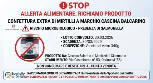 Allerta alimentare: richiamata la confettura extra di mirtilli "Cascina Balcarino" per rischio salmonella