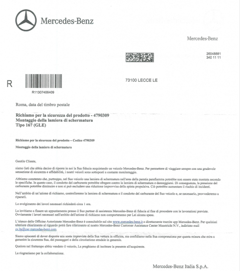 Richiamo Mercedes Benz GLE-Class: rischio perdite di carburante, migliaia di auto coinvolte