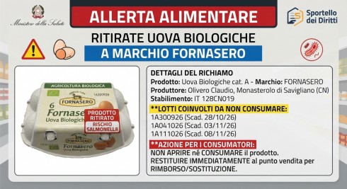 Allerta alimentare: ritirate uova biologiche a marchio Fornasero per rischio Salmonella