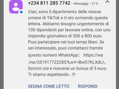 Allerta in rete della Polizia Postale per le false proposte lavorative provenienti da falso dipartimento delle risorse umane di TikTok