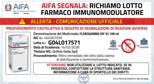 Aifa segnala richiamo lotto farmaco immunomodulatore