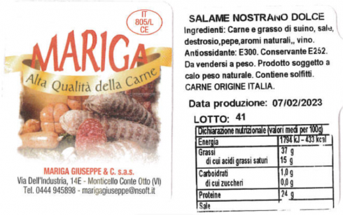 Batterio Listeria nel salame nostrano dolce a marchio Mariga, scatta il richiamo