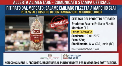 Allerta alimentare: ritirato dal mercato lotto di salame emiliano filzetta a marchio Clai per potenziale rischio microbiologico