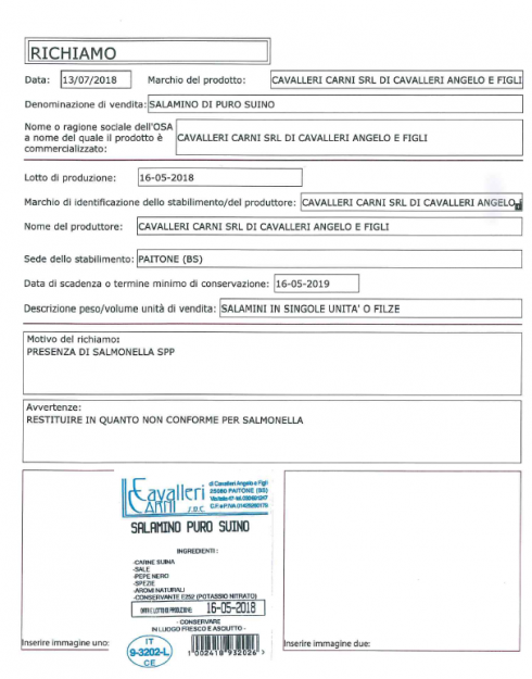 "Presenza di Salmonella", via dagli scaffali un lotto dei salamini di puro suino Cavalleri Carni. 