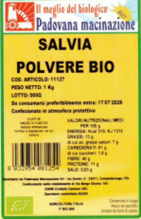 Allergene glutine non dichiarato in etichetta in lotti di salvia secca in polvere bio