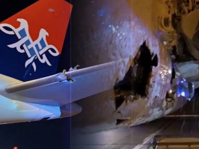 Aereo Air Serbia sbatte contro le luci della pista durante il decollo: ecco il video dell’impressionante squarcio nella fusoliera