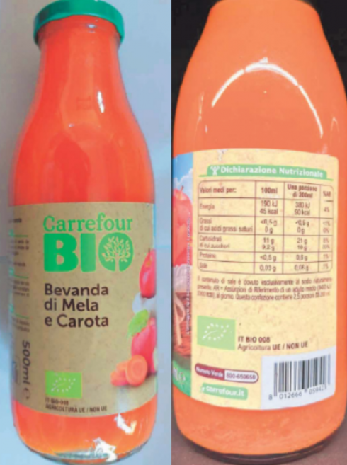 Frammenti di vetro nella bevanda bio &ldquo;mela carota&rdquo; Carrefour richiamata dalla vendita