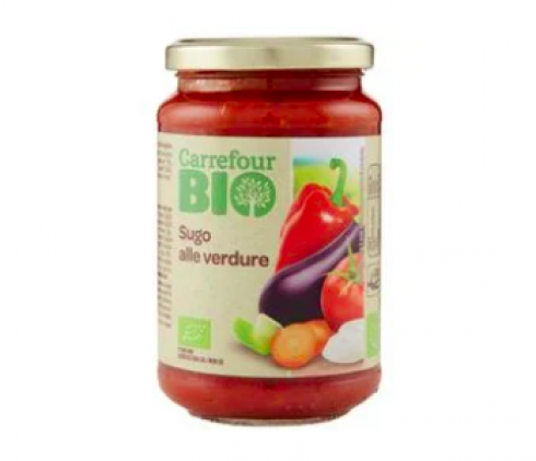 Frammenti di vetro nel sugo alle verdure biologico a marchio Carrefour Bio. 