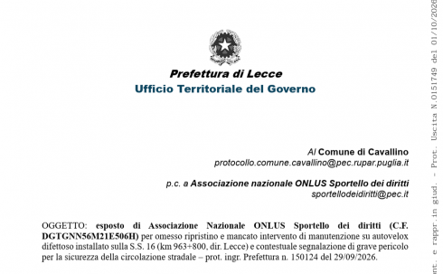 Sicurezza stradale: intervento della Prefettura di Lecce sulla S.S. 16 all’altezza di Cavallino
