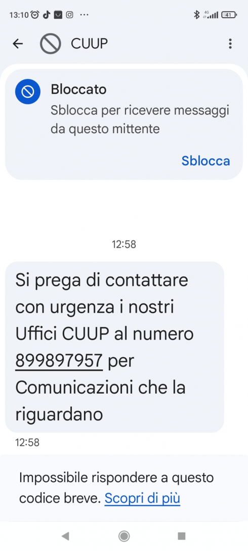Allerta in rete nazionale per un sms truffa "Chiamate gli uffici Cuup"!