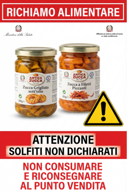 Allerta alimentare: ritirati quattro lotti di zucca sott'olio «La favola antica - Ferri» per solfiti non dichiarati