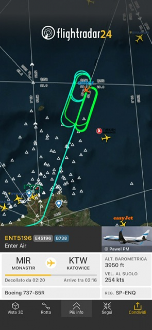 Boeing 737 Enter Air in volo da Monastir a Katowice dirottato a Palermo 