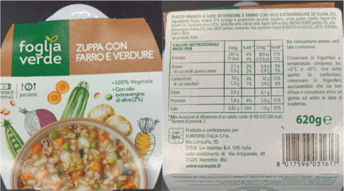 Zuppa fresca con farro e verdure a marchio Eurospin con il botulino